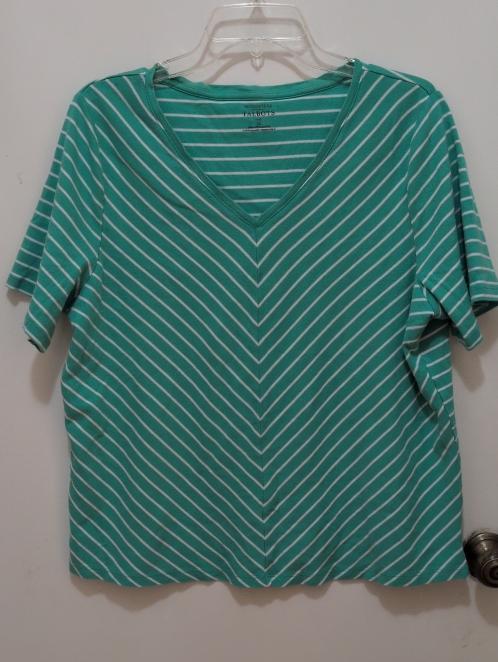Talbots Teal and White V-Neck Striped Tee Size 2X